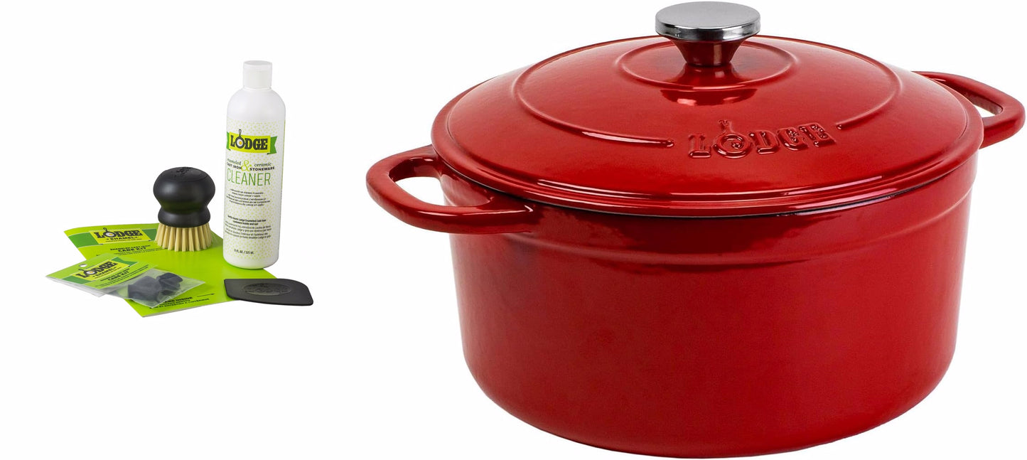 Lodge RED Enamel Gift Set - Red Enamel Dutch Oven and Enamel Care Kit
