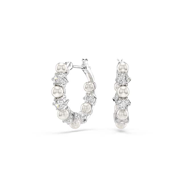Swarovski Matrix Pearl Hoop Pierced Earrings, White, Rhodium Plated